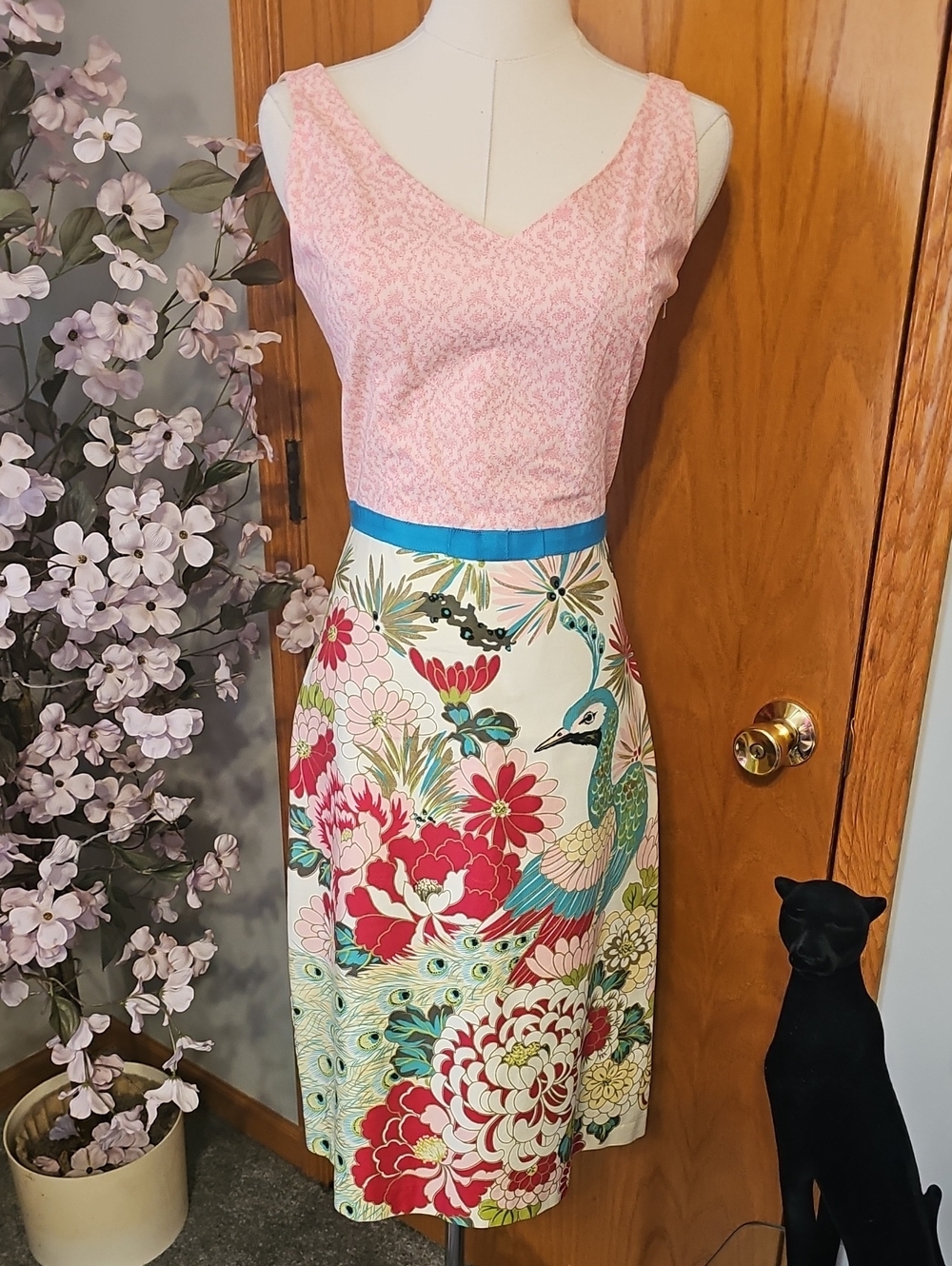 Anthropologie Pink and Teal Floral Peacock Midi Dress